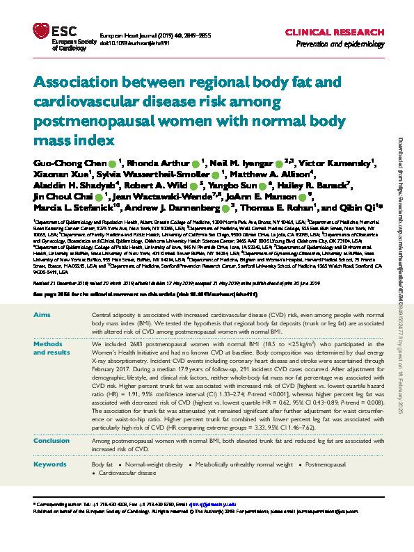 Asociación entre la grasa corporal regional y el riesgo de enfermedad cardiovascular entre mujeres posmenopáusicas con índice de masa corporal normal