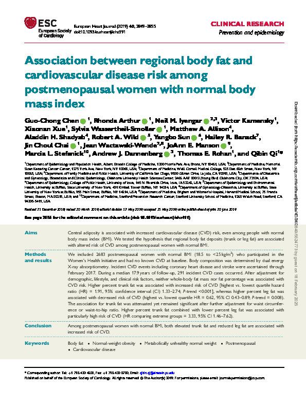 Asociación entre la grasa corporal regional y el riesgo de enfermedad cardiovascular entre mujeres posmenopáusicas con índice de masa corporal normal