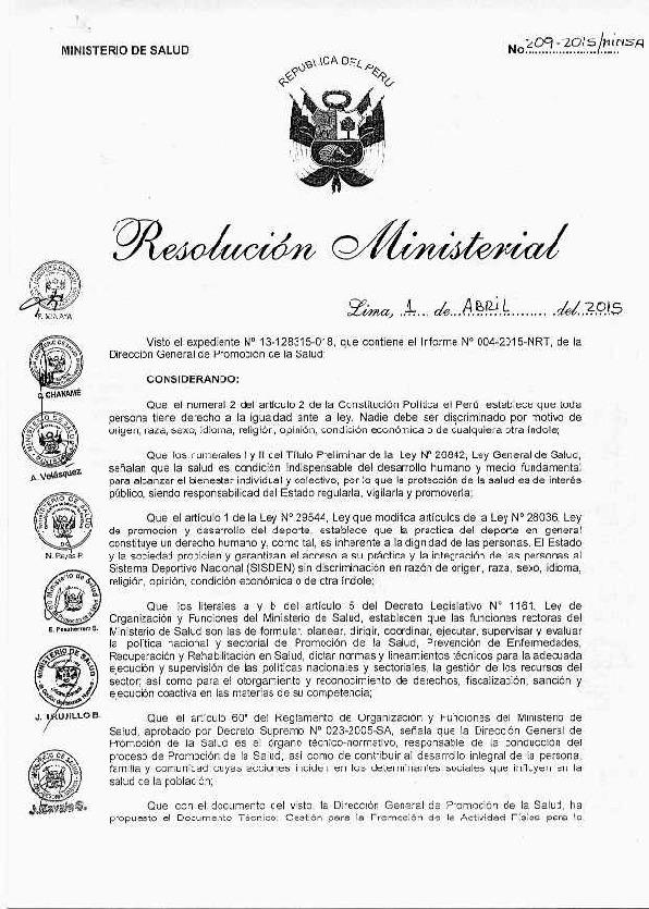 Resolución Ministerial N° 209-2015-MINSA  que aprueba el Documento Técnico: “Gestión para la Promoción de la Actividad Física para la Salud”