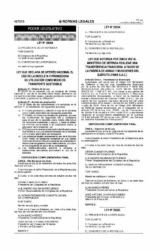 Ley N.º 29593 - Ley que declara de interés nacional el uso de la bicicleta como medio de transporte sostenible.