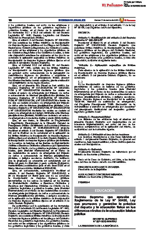 Decreto Supremo N.º 007-2023-MINEDU – que aprueba el Reglamento de la Ley N° 30432, Ley que promueve y garantiza la práctica del deporte y la educación física en los diferentes niveles de la educación básica pública.