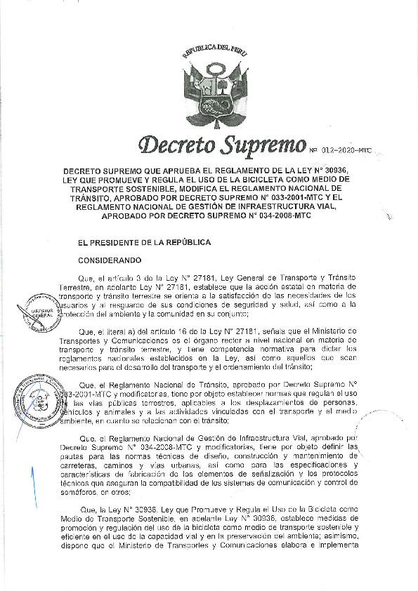 Decreto Supremo N.º 012-2019-MTC - Reglamento de la Ley N.º 30936.