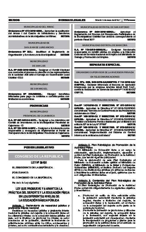 Ley N° 30432- Ley que promueve y garantiza la práctica del deporte y la educación física en los diferentes niveles de la educación básica pública