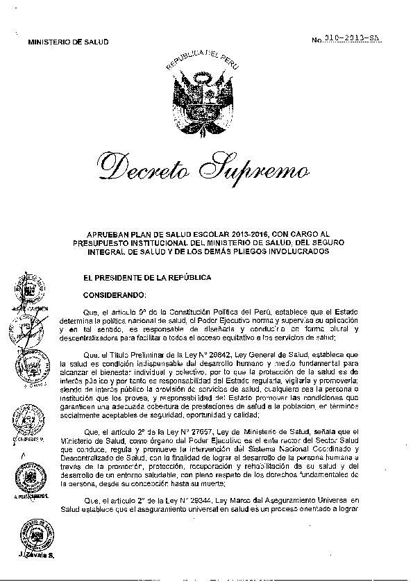 Decreto Supremo N.º 010-2013-SA - Aprueban el Plan de Salud Escolar 2013-2016.