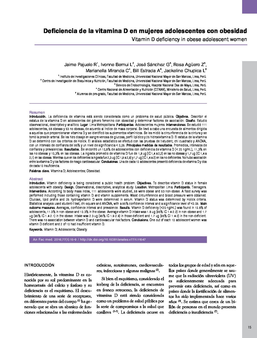 Deficiencia de la vitamina D en mujeres adolescentes con obesidad