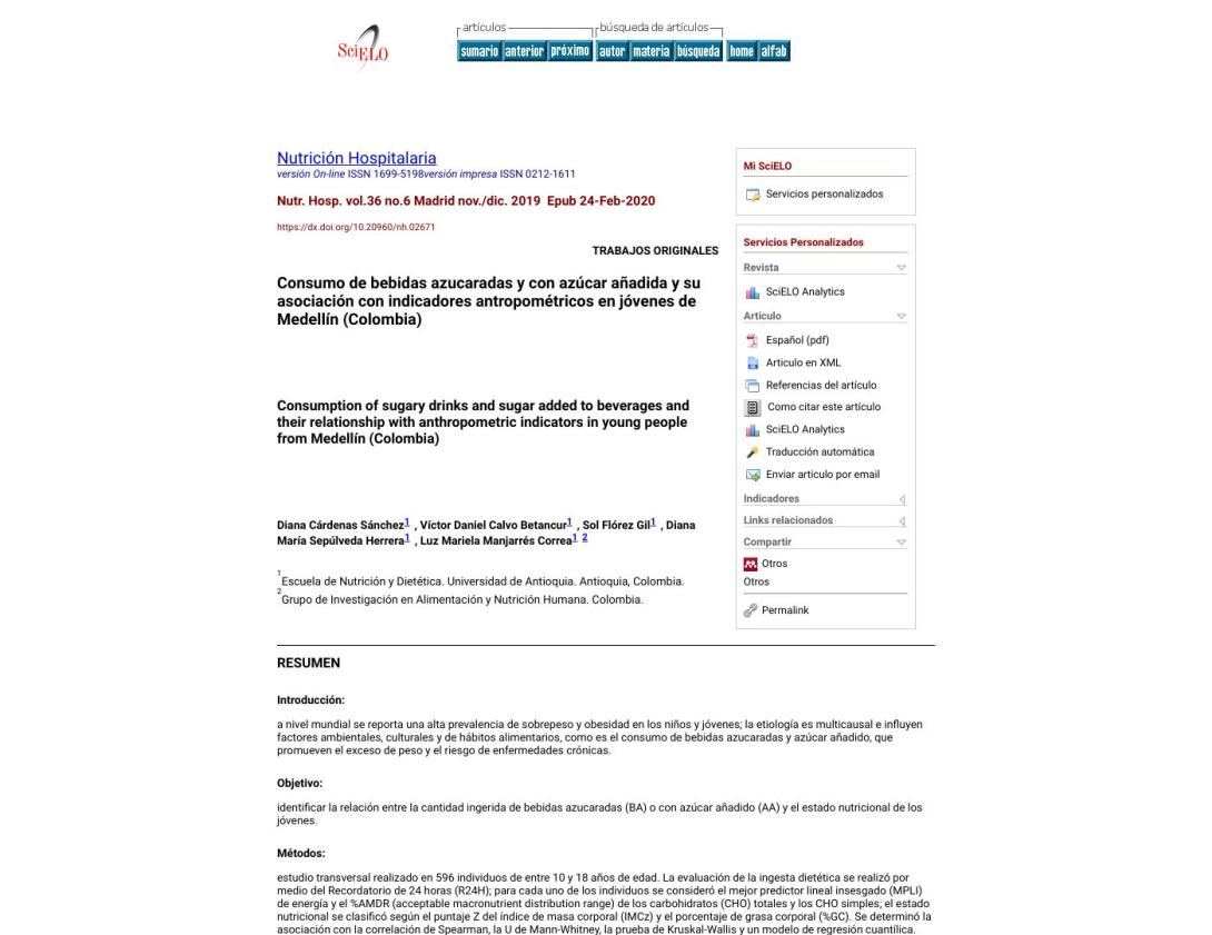 Consumo de bebidas azucaradas y con azúcar añadida y su asociación con indicadores antropométricos en jóvenes de Medellín (Colombia)