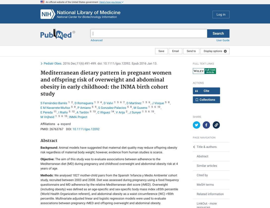 Patrón dietético mediterráneo en mujeres embarazadas y riesgo de sobrepeso y obesidad abdominal en la primera infancia: el estudio de cohorte de nacimiento INMA