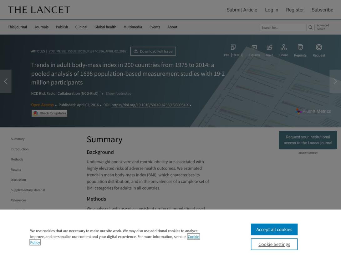Tendencias en el índice de masa corporal de adultos en 200 países de 1975 a 2014: un análisis combinado de 1698 estudios de medición basados en la población, con 19.2 millones de participantes (The Lancet, 2016).