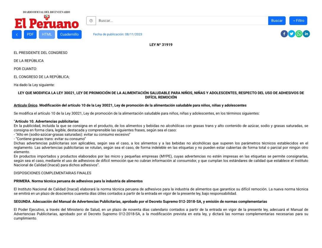 Ley N.º 31919 - Modificación de la Ley N.º 30021 respecto al Uso de Adhesivos en Alimentos.