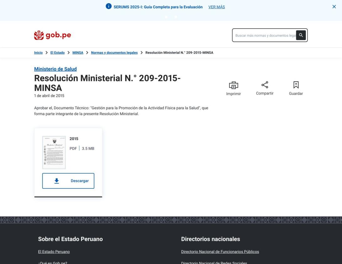 Resolución Ministerial N.º 209-2015-MINSA - Gestión para la Promoción de la Actividad Física para la Salud.