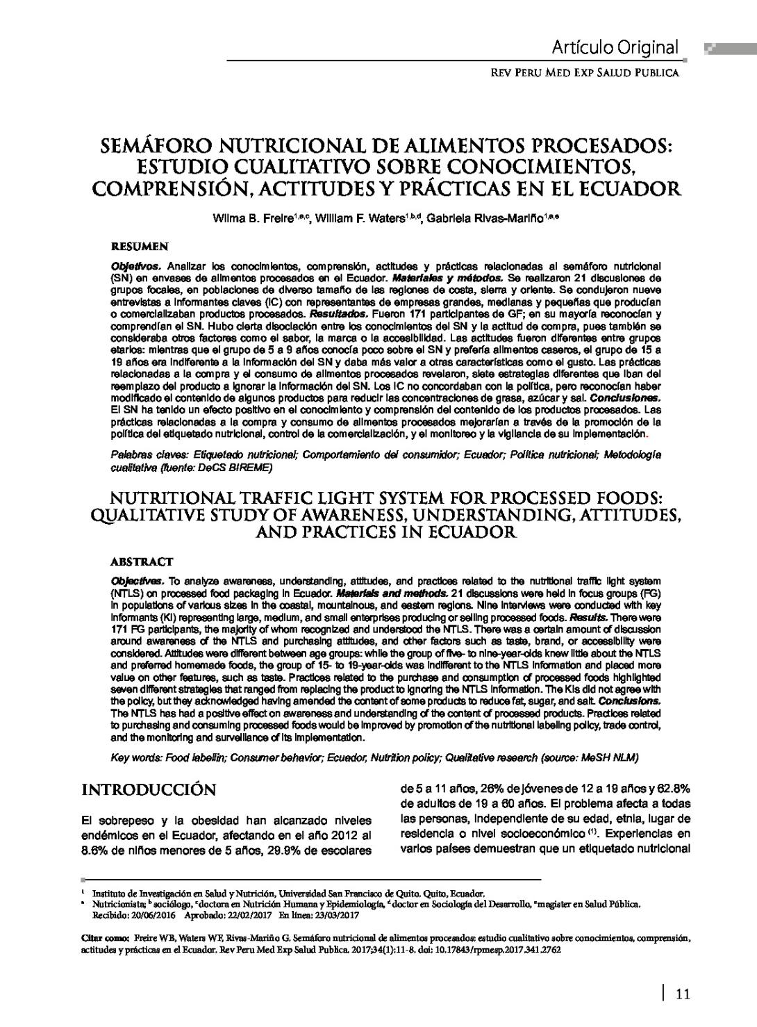 Semáforo nutricional de alimentos procesados: estudio cualitativo sobre conocimientos, comprensión, actitudes y prácticas en el Ecuador